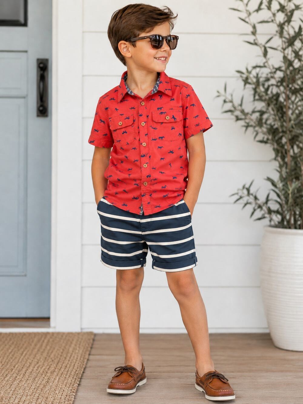 Matilda Jane x Joanna Gaines Horsing Around Boys Outfit Set Size 8 Shirt&Shorts